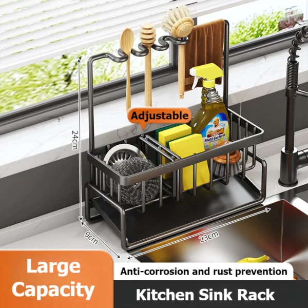 Adjustable Kitchen Sink Drain Rack and Countertop Organizer  Multi Level Storage for Sponges  Dishcloths  and Brushes with Efficient Drainage  Keeps Sink Area Clean and Utensils Dry  Fits Most Faucets