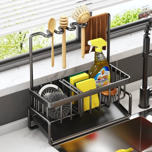 Adjustable Kitchen Sink Drain Rack and Countertop Organizer  Multi Level Storage for Sponges  Dishcloths  and Brushes with Efficient Drainage  Keeps Sink Area Clean and Utensils Dry  Fits Most Faucets