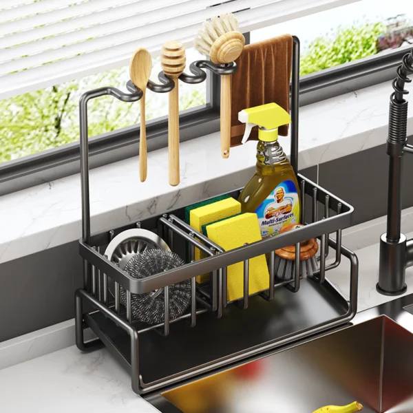 Adjustable Kitchen Sink Drain Rack and Countertop Organizer  Multi Level Storage for Sponges  Dishcloths  and Brushes with Efficient Drainage  Keeps Sink Area Clean and Utensils Dry  Fits Most Faucets