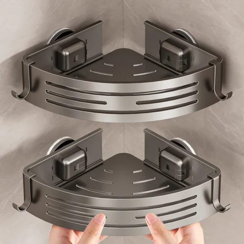 Suction Cup Shampoo Rak Bilik Mandi Bathroom Corner Shelf with Plastic Hook Towel Bar No Drill Space Aluminum Shower Storage Rack Bathroom Organizer