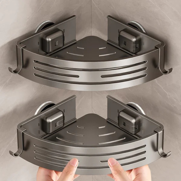 Suction Cup Shampoo Rak Bilik Mandi Bathroom Corner Shelf with Plastic Hook Towel Bar No Drill Space Aluminum Shower Storage Rack Bathroom Organizer