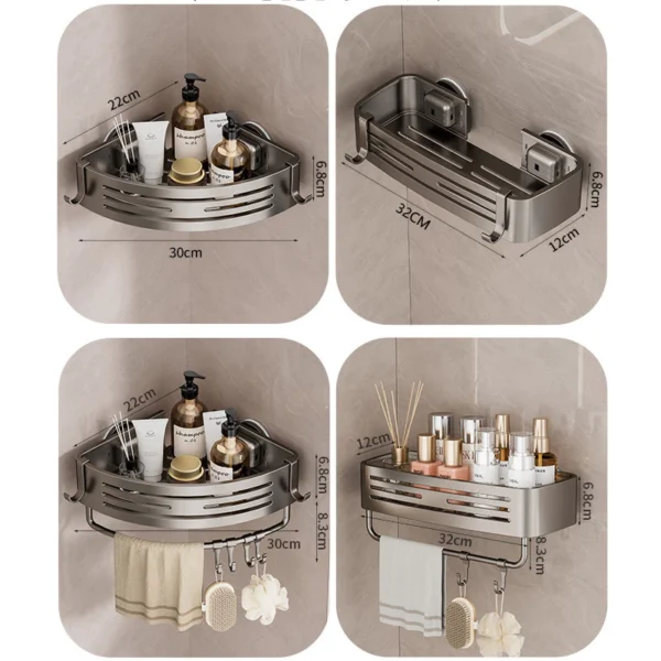 Suction Cup Shampoo Rak Bilik Mandi Bathroom Corner Shelf with Plastic Hook Towel Bar No Drill Space Aluminum Shower Storage Rack Bathroom Organizer