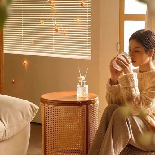Double layer simple rattan solid wood Japanese storage living room home sofa small apartment round coffee table