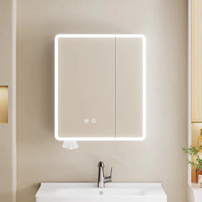 Rounded corner space aluminum smart bathroom mirror cabinet toilet vanity wall mounted with beauty storage rack