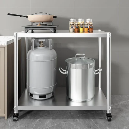 Stainless steel two layer mobile rack stove rack household wheeled trolley Troli beroda keluli tahan karat