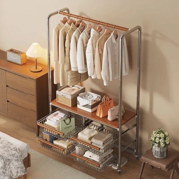Hanger bedroom stainless steel household storage floor mobile coat rack Rak kot isi rumah keluli tahan karat