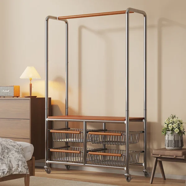 Hanger bedroom stainless steel household storage floor mobile coat rack Rak kot isi rumah keluli tahan karat