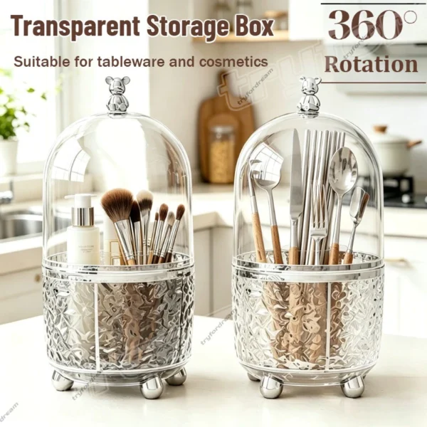 Kitchen Cutlery Holder with Lid 360  Rotating Cosmetic Storage Box Transparent Knife Chopstick Spoon Fork Rack Kitchen Acrylic Organizer
