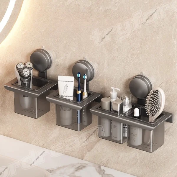 2 Compartment Suction Cup Bathroom Organizer  Punch Free Toothbrush Holder Rack  Removable Wall Storage Basket for Kitchen