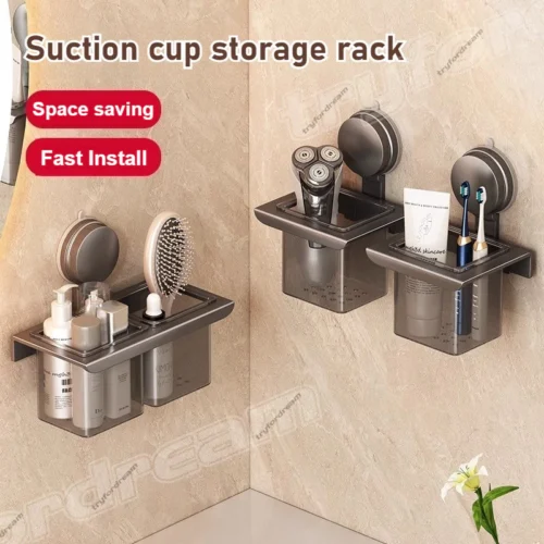 2 Compartment Suction Cup Bathroom Organizer  Punch Free Toothbrush Holder Rack  Removable Wall Storage Basket for Kitchen