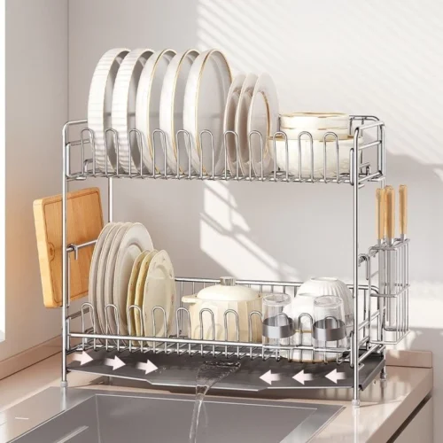 304 Stainless Steel Kitchen Dishwasher Rack Double Layer Tableware Countertop Storage Rack