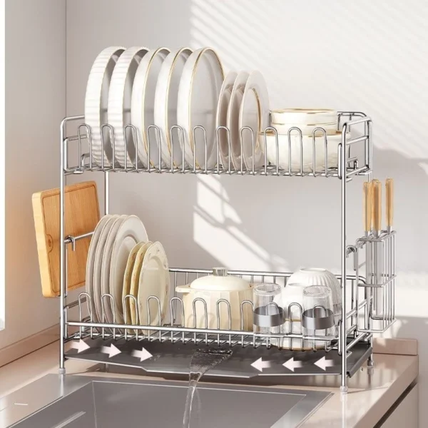 304 Stainless Steel Kitchen Dishwasher Rack Double Layer Tableware Countertop Storage Rack